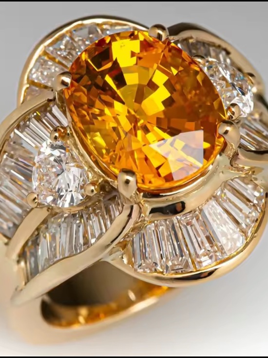 Jewelry - Gold Ring with Oval Orange Center Stone and Diamond Accents